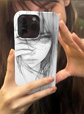 素描齐刘海少女适用苹果16promax手机壳iPhone15新款16pro保护套7/8plus网红超火x男女款14全包防摔15promax