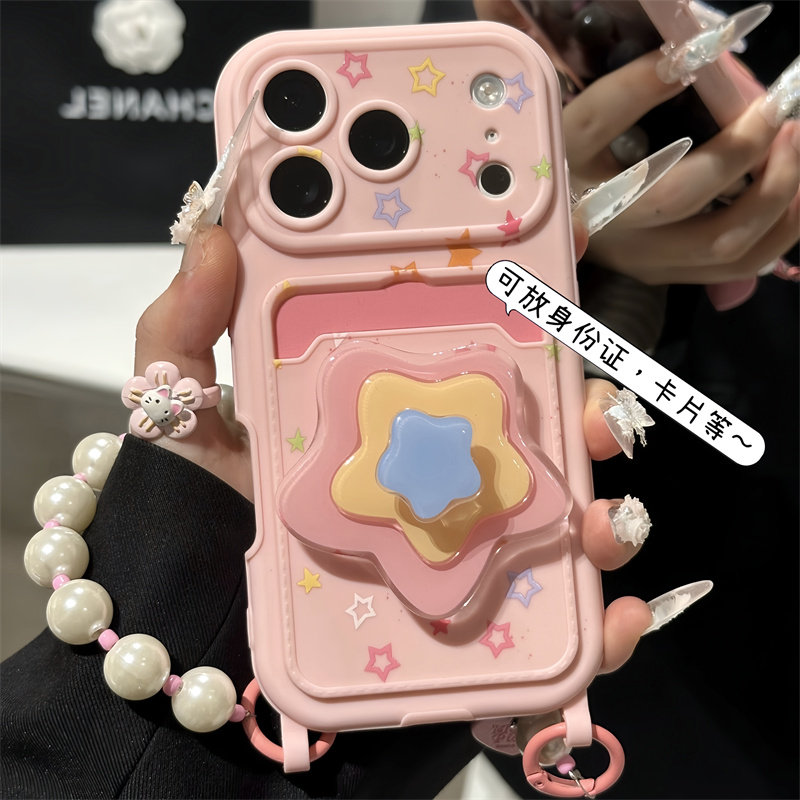 粉色星星支架适用iPhone17promax大视窗卡包挂绳壳16pro防摔华为Pura80新款荣耀400防摔vivox300小米17pro软