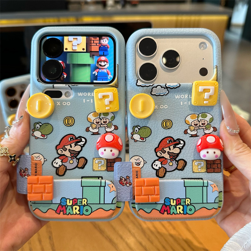马里奥游戏适用iPhone17promax苹果16镜面支架手机壳华为Mate80新款荣耀500立体贴件vivox300小米17Pro皮纹软
