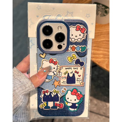 复古牛仔Kitty适用苹果15手机壳卡通vivox100透明红米note13防摔小米14一加华为pura70荣耀200软壳OPPO硅胶