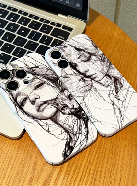 菲林素描女孩与猫适用苹果16promax手机壳pura70华为mate60pro女款iPhone14荣耀300新款Reno13/vivos20小米15