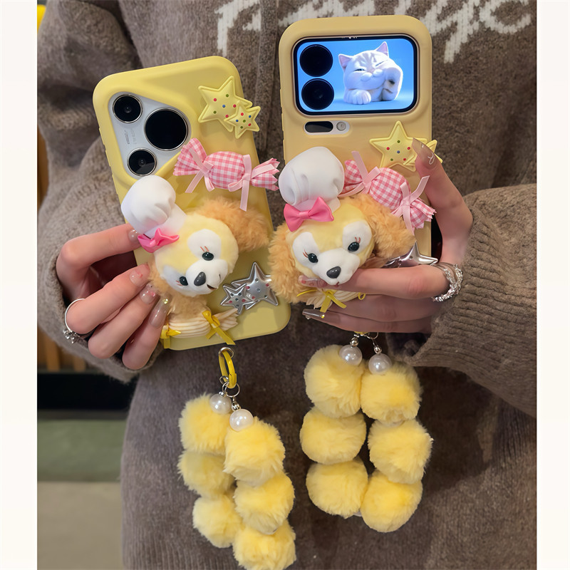 饼饼五件套适用iPhone17promax苹果16手机壳华为Pura70新款毛球手链vivox200高颜值皮纹小米17Promax防摔软壳