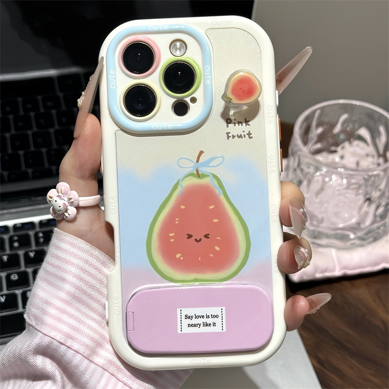 表情番石榴适用苹果17promax镜面支架手机壳iphone16新款奶油壳白色华为mate70荣耀vivox300防摔小米17pro软