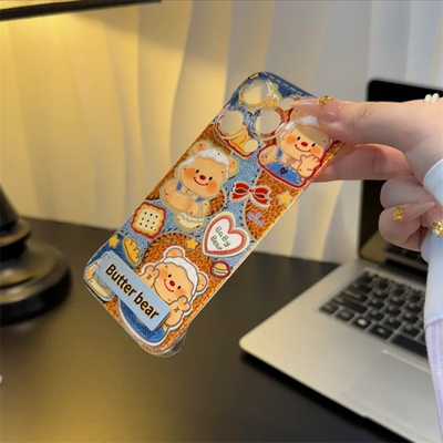 复古黄油小熊适用苹果15手机壳16pro卡通vivox100透明无边框红米note13防摔小米14散热华为pura70荣耀200OPPO