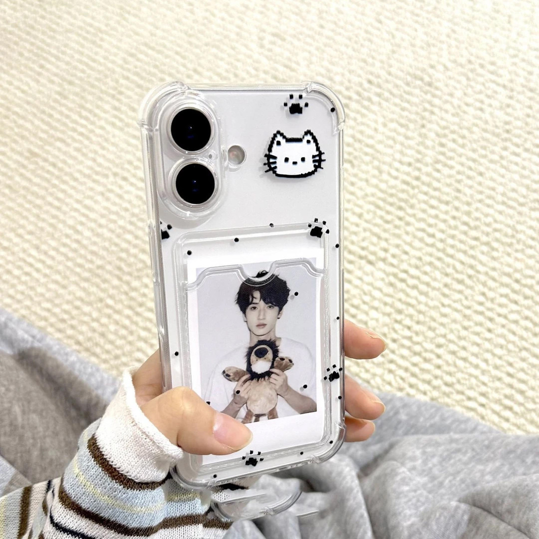 卡通像素猫卡包17Air适用苹果16promax手机壳iphone15新款14promax情侣13透明DIY可放拍立得照片12防摔11硅胶