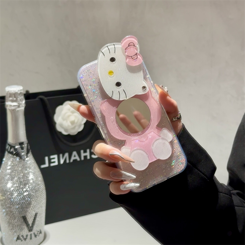 韩系可爱HelloKitty补妆镜适用苹果16手机壳少女心iphone15promax网红新款13pro防摔12硅胶14pro细闪11女13套
