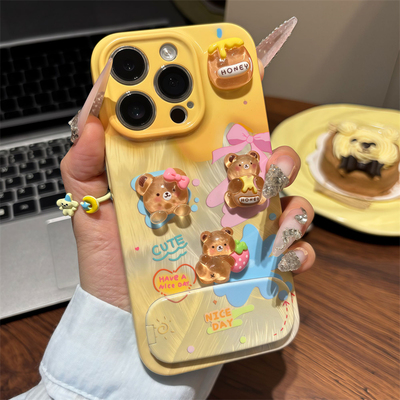 羽纱黄奶油小熊适用苹果16promax手机壳15pro华为mate70新款镜面支架pura70菲林硬壳Reno14/vivos30小米15套