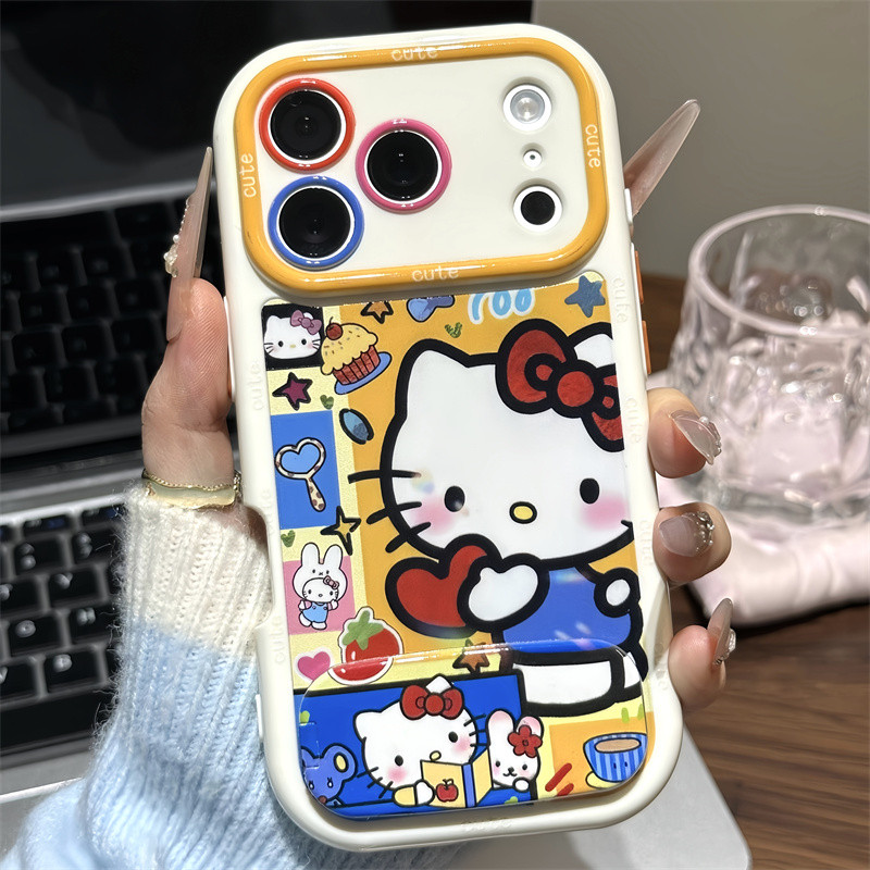 可爱蛋糕猫咪适用苹果17promax镜面支架手机壳iphone16新款奶油壳白色华为mate70荣耀vivox300防摔小米17pro