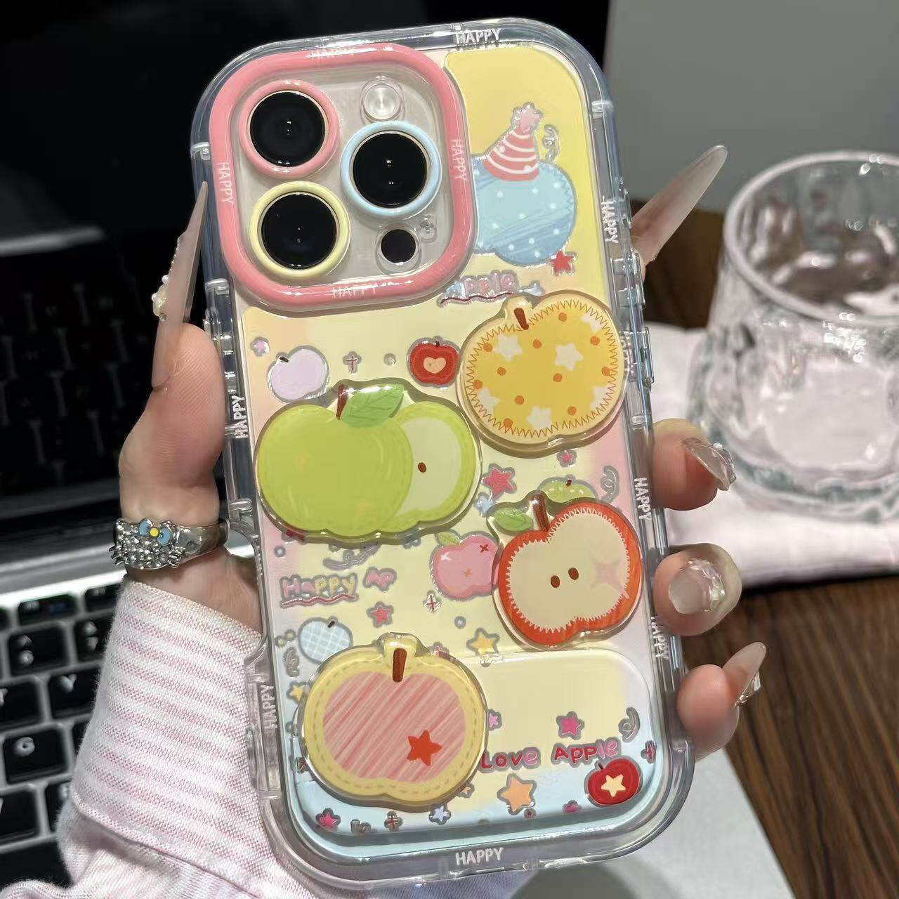 水果公仔四件套适用iPhone17promax镜面支架手机壳16pro防摔华为Pura80新款泡芙羽纱vivox300防摔小米17pro软