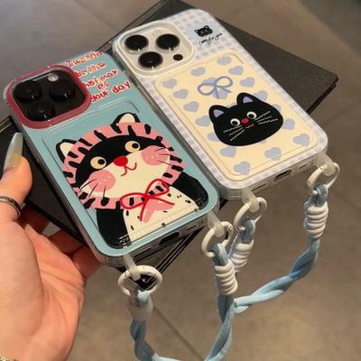 蝴蝶结格纹猫咪卡包壳适用华为Pura70苹果15pro手机壳小米iPhone14防摔OPPOReno12荣耀200vivox100siQOOz9套