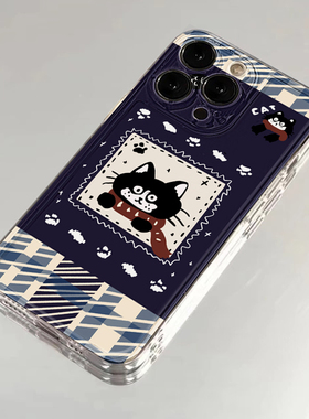 格纹复古黑猫适用苹果13手机壳16Pro卡通vivox200透明红米note14防摔小米15一加套华为pura70荣耀x60硅胶OPPO