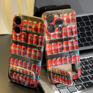 冰镇可口可乐罐罐带镜面支架适用苹果16/15手机壳iPhone14promax防摔14小众13硬华为荣耀vivo小米OPPO菲林壳