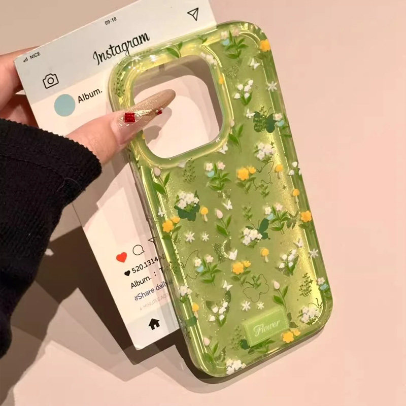 绿底碎花蝴蝶适用苹果16promax手机壳iphone13新款15pro华为mate70荣耀vivox200小米15OPPO全包双层防摔软套