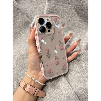 三合一炫彩全屏小花适用苹果16promax手机壳iPhone15promax女款高级感14plus新款13粉色12/11透明保护套14Pro