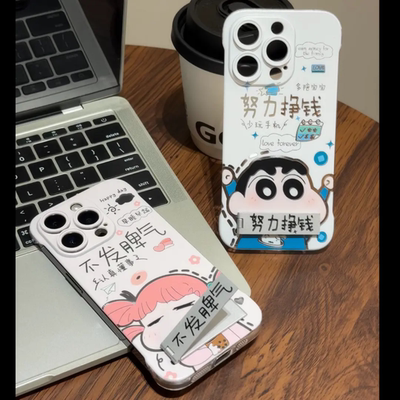 努力挣钱小新适用苹果15手机壳16pro卡通情侣vivox100透明无边框红米note13防摔小米14散热华为pura70荣耀200