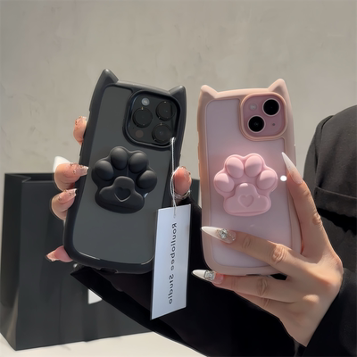 猫爪支架可爱猫耳朵透明手机壳适用13苹果15promax新款iPhone16proMax全包14PRO保护套15防摔12软透明16plus