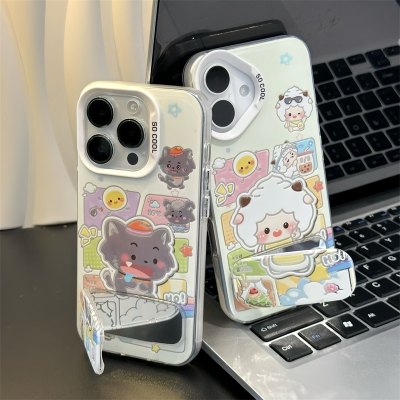 可爱卡通ins懒洋洋小灰狼支架适用苹果16promax手机壳iphone14pro彩银全包华为Pura8070荣耀vivo小米15oppo女