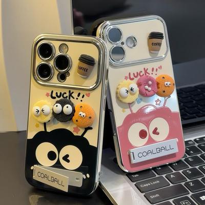 趣味ins可爱煤球咖啡支架适用苹果VIVO华为mate70OPPO小米14电镀iPhone15/16手机壳x200promini防摔保护壳女