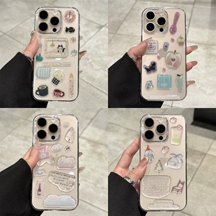简约猫咪相框小鱼水杯diy贴纸小狗适用苹果16promax手机壳iPhone15pro新款 14防摔保护套华为荣耀vivoppo小米