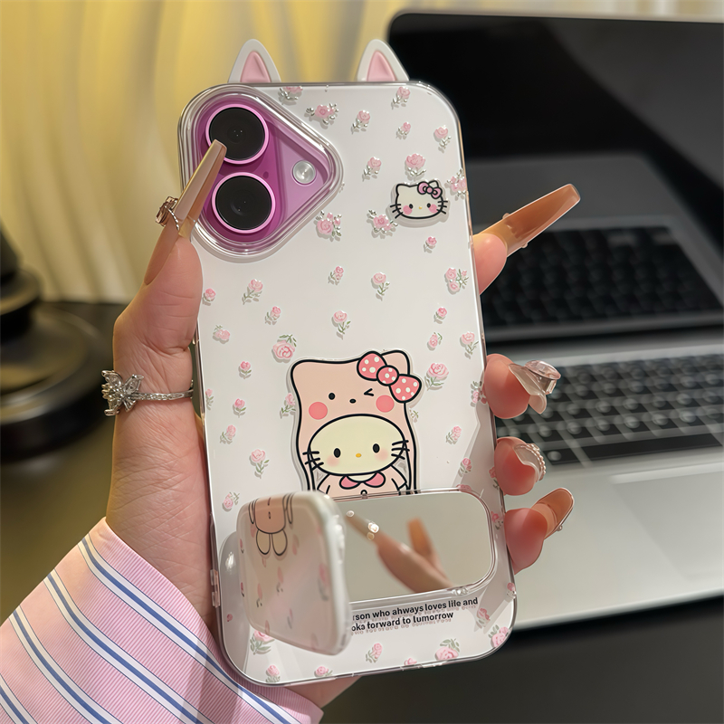 碎花粉帽kitty立体猫耳朵闺蜜适用iPhone16promax不会撞款手机壳华为mate70补妆镜支架P60荣耀vivo小米15苹果