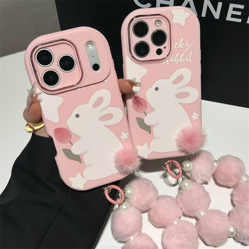 毛绒小白兔适用苹果17promax手机壳16华为mate70新款毛球珍珠挂绳OPPOReno14金属小胖妹vivos30小米15防摔软