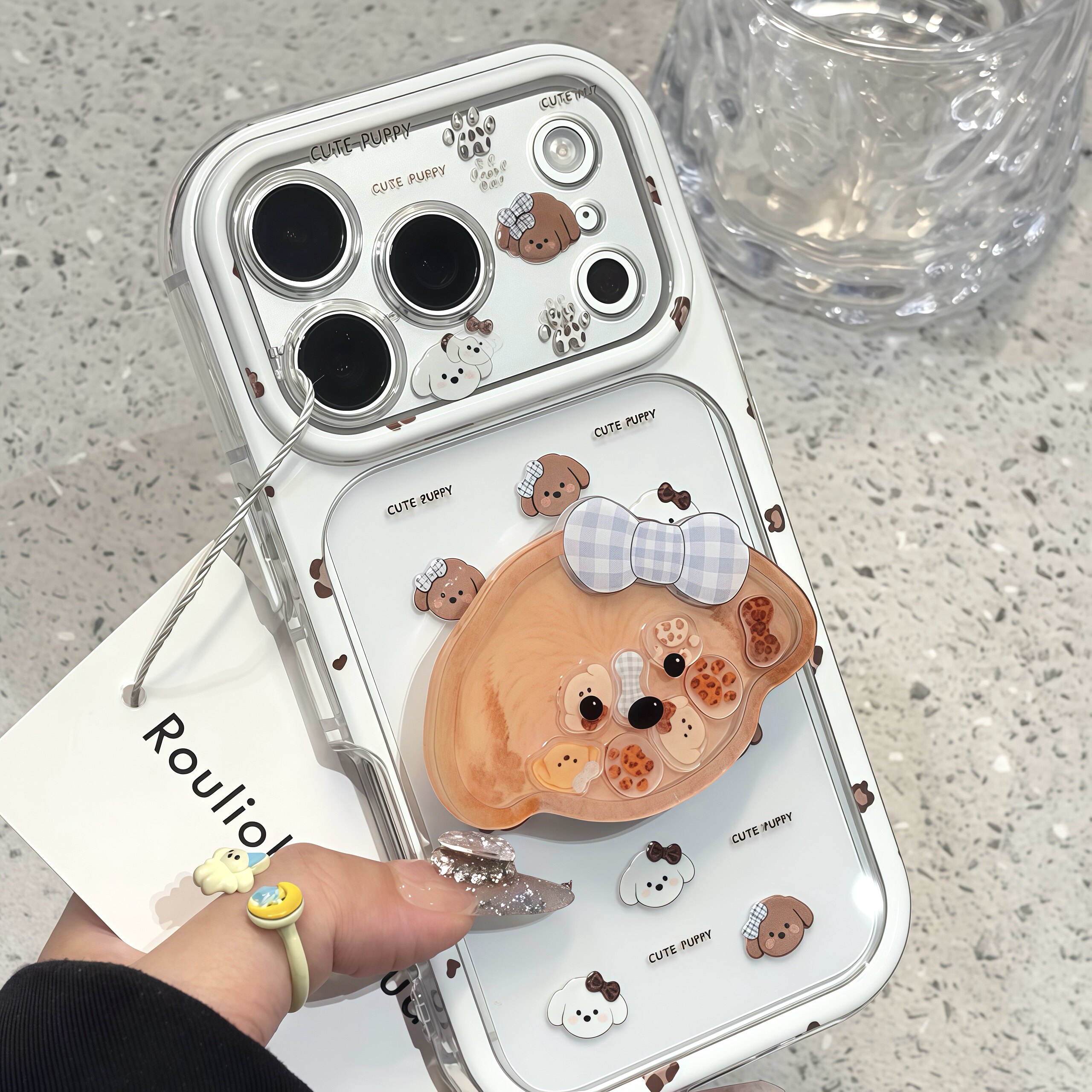 可爱蝴蝶结小狗适用iPhoneDuo苹果18promax手机壳17Pro新款彩虹壳X300华为Mate80摇摇乐贴件小米17Pro手机套