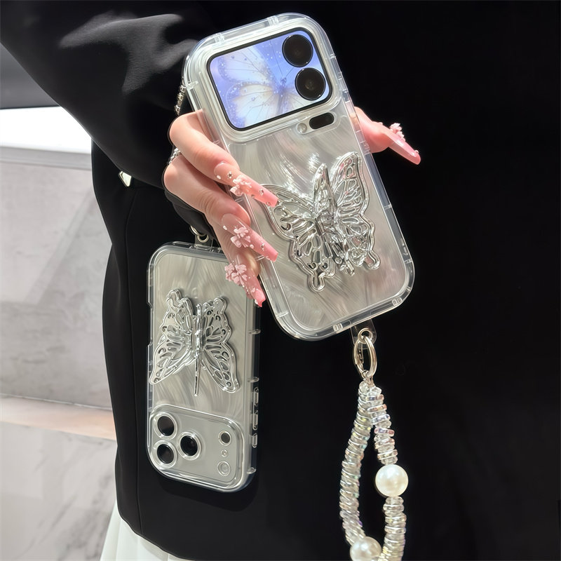 银色蝴蝶支架手链适用苹果17Promax手机壳iPhone16pro小米17pro新款泡芙羽纱华为mate80荣耀500防摔vivox300