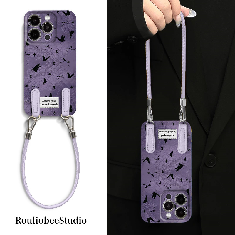 紫色蝴蝶适用苹果15promax手机壳皮质挂绳iPhone16新款13韩系ins小众14创意12全包防摔华为荣耀vivo小米OPPO