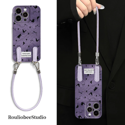 紫色蝴蝶适用苹果15promax手机壳皮质挂绳iPhone16新款13韩系ins小众14创意12全包防摔华为荣耀vivo小米OPPO