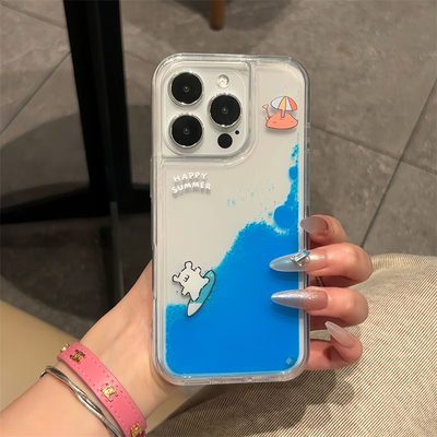 夏日ins冲浪流动液体情侣小狗适用苹果16手机壳透明iphone15promax流动创意新款14pro防摔12硅胶13卡通全包11