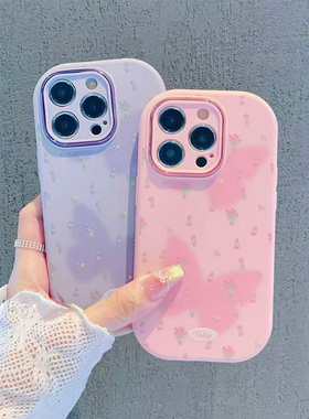 紫色蝴蝶小碎花适用苹果17promax手机壳16pro华为mate70新款金属小胖妹pura7防摔0OPPOReno14/vivos30小米15