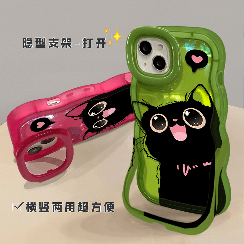 适用于苹果13手机壳新女款iPhone16/15promax可爱大眼猫咪11隐形双支架12软硅胶xs防摔xr保护套14plus波浪边