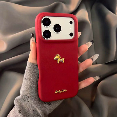 新年红马年金色立体小马适用苹果17promax手机壳17pro皮质iPhone16proMax高级感15pro网红潮14pm女13创意个性