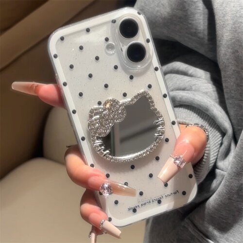 闪粉ins日韩立体小猫咪镜子挂绳适用苹果16promax手机壳iphone13新款15pro女款14少女可爱12卡通创意11全包软