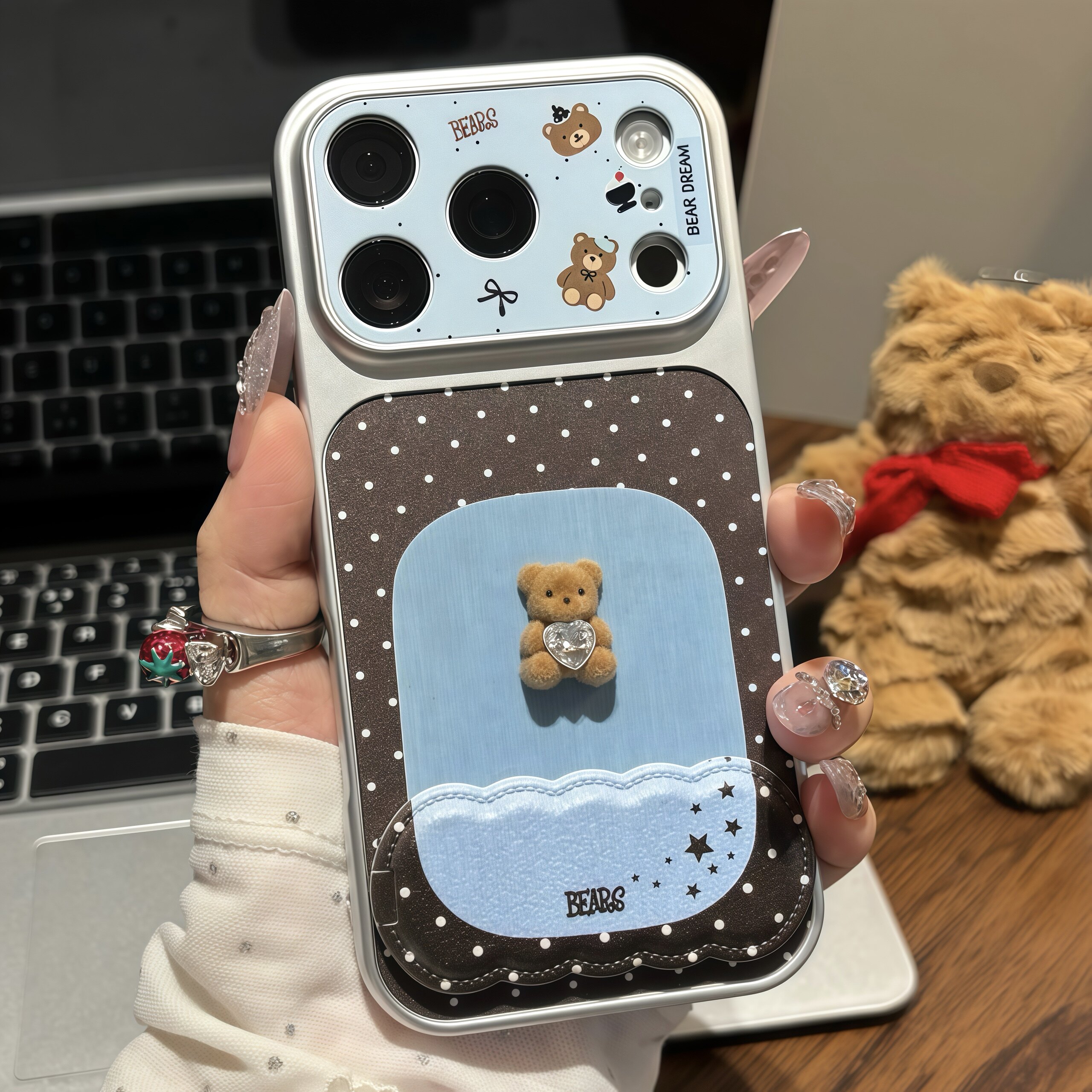 牛仔蓝钻石小熊适用iPhone17Pro苹果18promax镜面支架手机壳华为Mate80新款电镀壳vivox500/小米18pro手机套