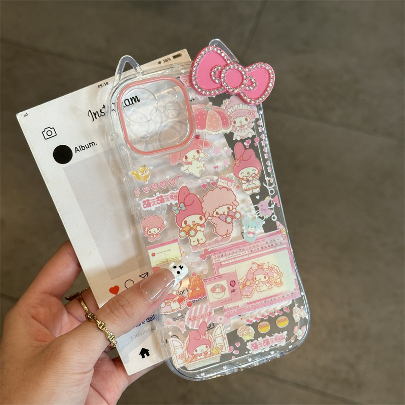 粉色美乐蒂立体猫耳朵适用苹果16手机壳新款iphone17promax全包15/14猫耳透明13Pro透明高级感12蝴蝶结保护套