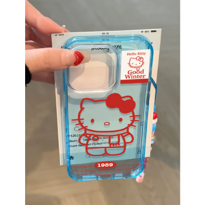 日韩ins风可爱卡通三丽鸥线条凯蒂猫hellokitty红蓝撞色适用苹果15手机壳iPhone16promax透蓝色14/13/12/11套