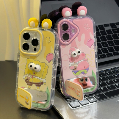 大眼睛派大星适用苹果16promax手机壳iphone13新款泡芙羽纱15pro华为mate70荣耀vivox200小米15OPPO镜面支架