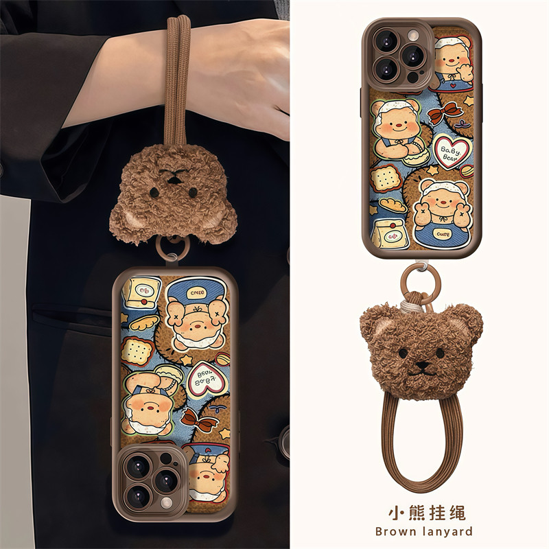 面包黄油小熊适用于苹果16promax手机壳iPhone14新款相框精孔小米15防摔华为p70荣耀300vivox200熊头挂绳OPPO