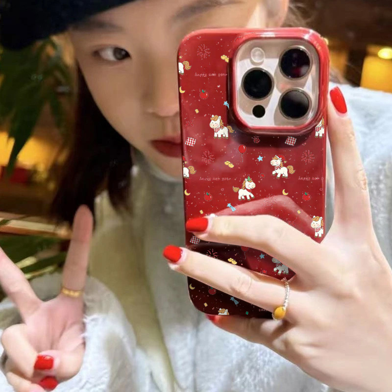 可爱新年小马适用苹果16/17promax手机壳iphone16pro卡通13/14软12新款11果冻酒红肤感防摔15plus情侣x/xr软