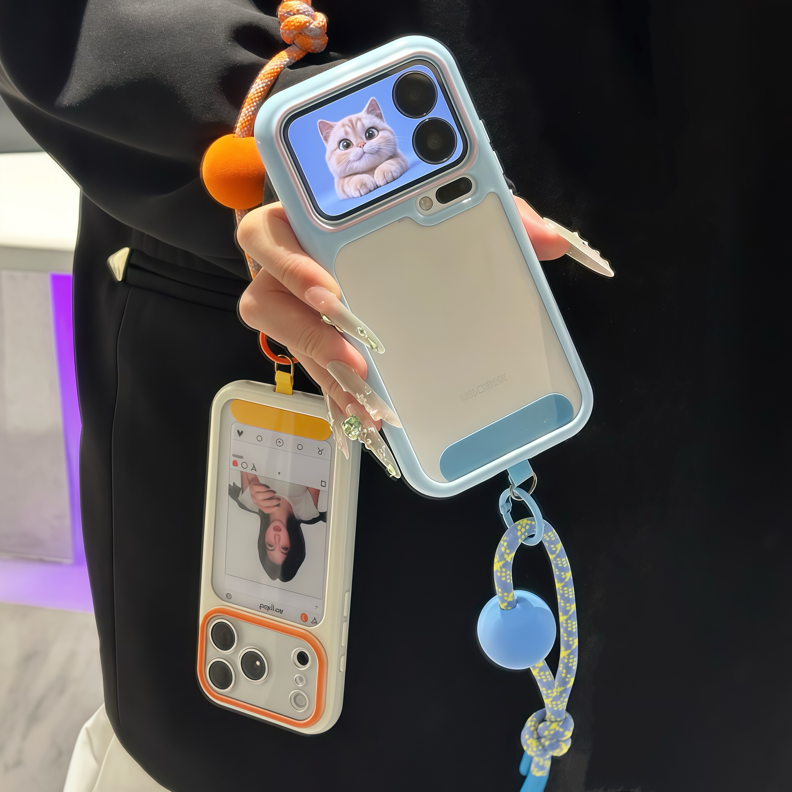 撞色大视窗粉球挂绳适用苹果17promax手机壳iPhone16pro简约15星空壳华为mate60pro透明p70防摔Reno14女s50软