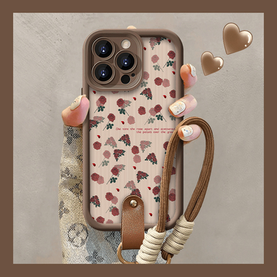 咖色玫瑰碎花适用苹果16/15/14pro手机壳华为Pura70pro新款mate60美拉德OPPOReno12挂绳vivos19x100套iQOOz9
