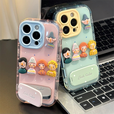 创意小人适用于苹果16promax手机壳带支架华为mate60pro新款pura70镜面支架OPPOReno13可爱vivos20情侣小米14