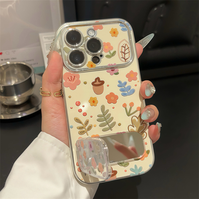 电镀大视窗春夏清新碎花镜面支架适用苹果16promax手机壳新款iphone16高级15pro华为mate70荣耀vivo小米OPPO