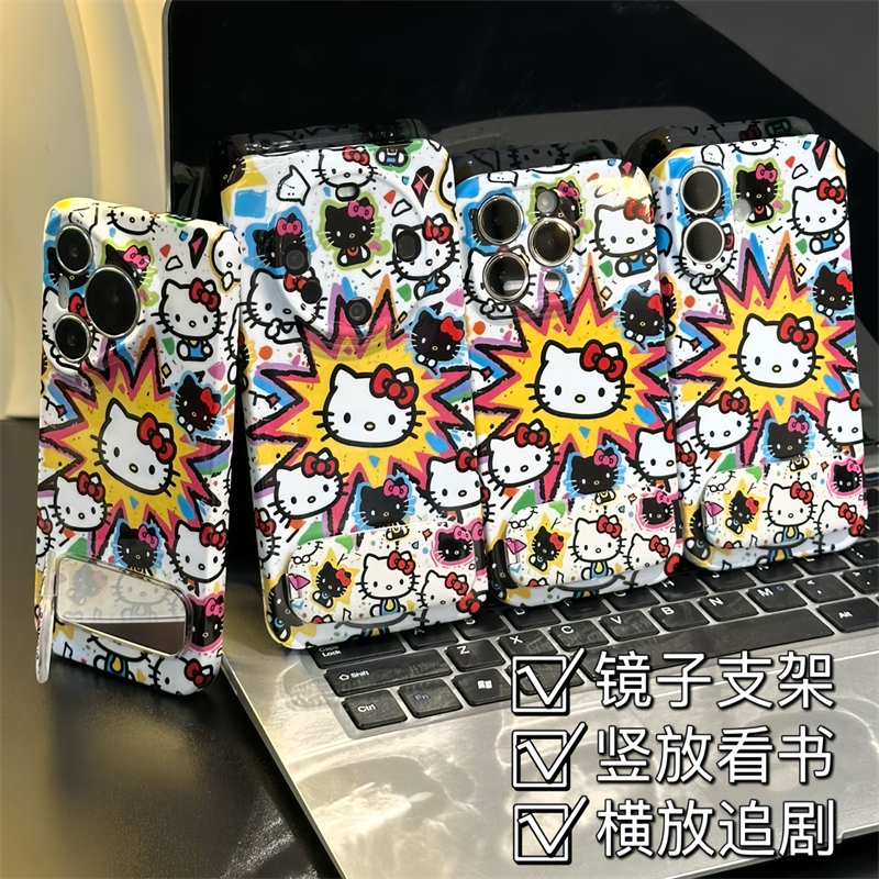 黑色爆炸Kitty适用苹果15promax手机壳16pro华为mate60新款支架pura70菲林壳OPPOReno12/vivos19x100小米14套