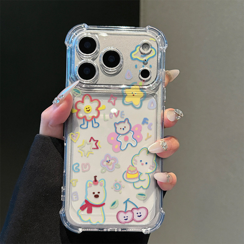 彩色线条花朵小兔适用iPhone17promax苹果16手机壳华为Mate70新款透明气囊壳vivox300荣耀400防摔小米17Pro软