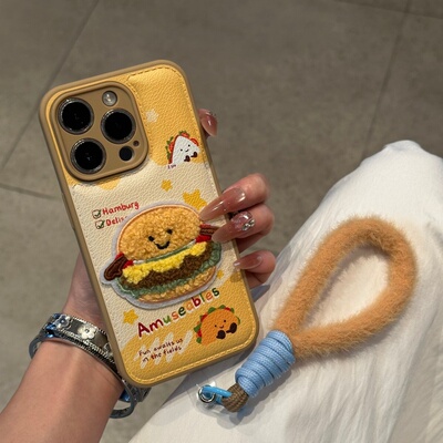 趣味汉堡适用苹果17promax手机壳16pro华为mate70新款汉堡刺绣公仔pura70挂绳气垫壳OPPOReno13/vivos20小米