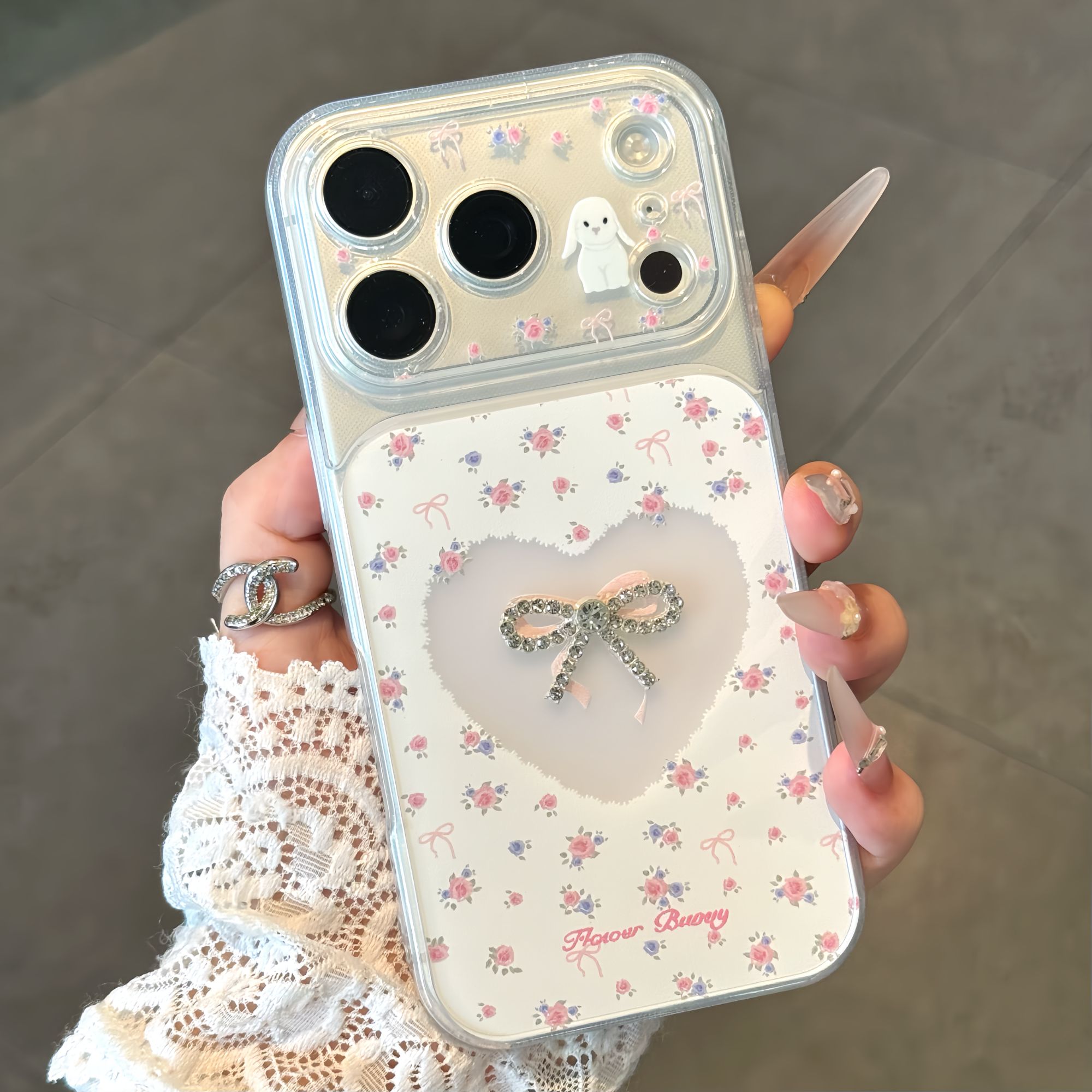 碎花爱心水钻蝴蝶结适用苹果16手机壳iPhone17promax新款透明秒变大视窗华为Mate80防摔vivoS50保护套小米17
