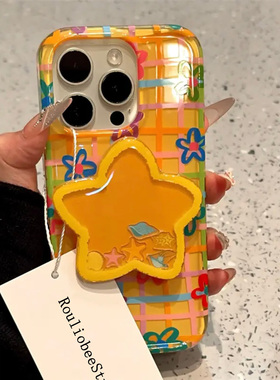 格纹花朵适用苹果16/15/14pro手机壳华为Pura70pro新款大孔白色mate60/OPPOvivos19x100小米14note摇摇乐支架