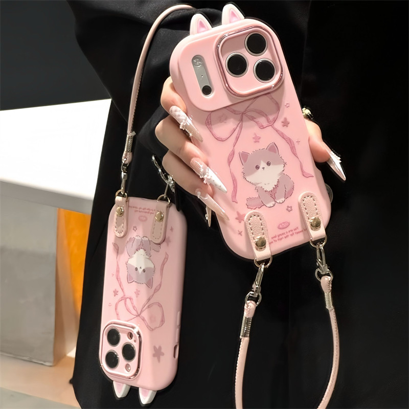 蝴蝶结小猫适用苹果17promax挂绳手机壳16pro华为mate70新款立体耳朵OPPOReno14防摔金属小胖妹vivos30小米15